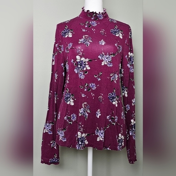 Womens ELLE Long Sleeve Ruffle Mock Neck WINE/PURPLE MEDIUM - Picture 2 of 8